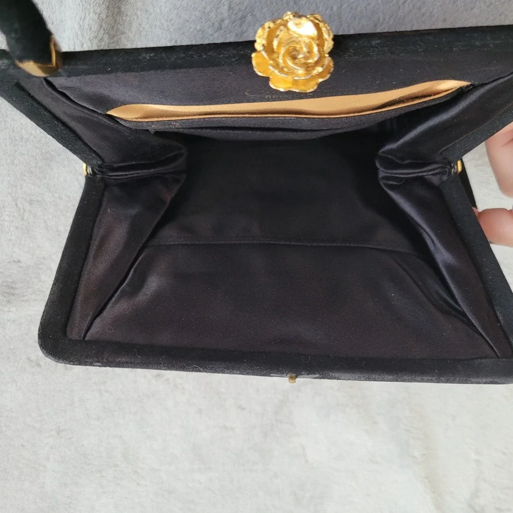 Vintage 60s Coblentz perma‎ suede black satchel handbag purse gold rose detail